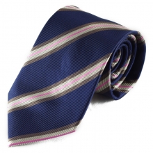 Tmavě modrá hedvábná kravata s barevným pruhem (béžová, bílá, růžová)