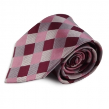 Růžová hedvábná kravata s károvaným vzorem (stříbrná, bordó)