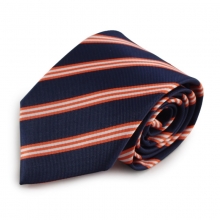 Tmavě modrá mikrovláknová kravata s proužky (oranžová, bílá)